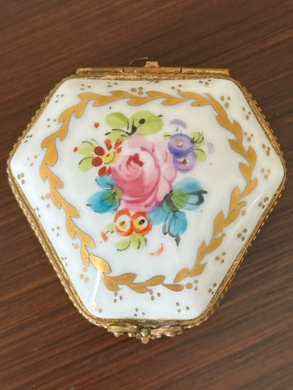 VTG Limoges France Porcelain Hexagon Trinket Box Hand Painted Floral Gold
